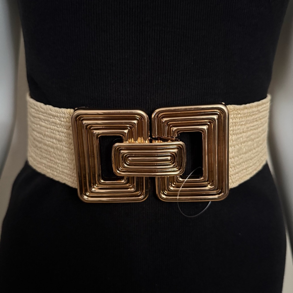 Beige paper stretchy waistband belt with gold tone buckle